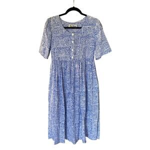 VTG Two Potato Laguna Beach Blue White Artsy Empire Waist Midi Dress Women’s S